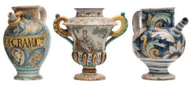 Three pieces of Italian maiolica: comprising an Albisola two-handled campana vase with lobed base