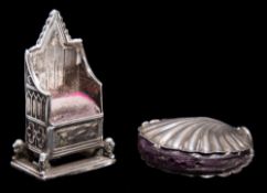 An Edward VII silver pin cushion, maker Levi & Salaman, Birmingham, 1901: in the form of a throne,