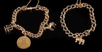 A 15ct gold hollow curb-link bracelet: with attached 9ct gold ' elephant' charm and a gold plated
