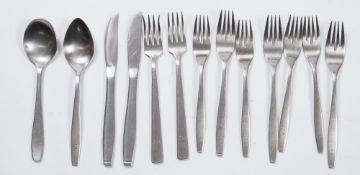 A small collection of Trinity House issue stainless steel cutlery:, comprising nine forks,