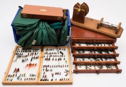 A homemade five draw fly chest:, together with a homemade line winder,