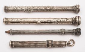 Two Victorian combination sliding pen/pencils by S Mordan & Co, London:, with bloodstone seal tops,