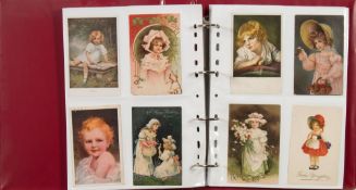 An album containing Edwardian and later postcards: relating to glamour, children, weddings,