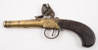 A brass cannon barrel flintlock boxlock pistol by Simpson, Plymouth:, short four stage barrel,