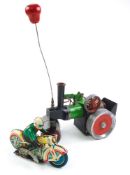 A Mamod live steam road roller and a Chinese tinplate clockwork motorcycle:, (2).