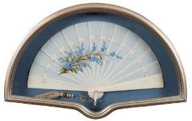 A 19th century Continental ivory fan with hand painted Forget Me Knots (Myosotis):,