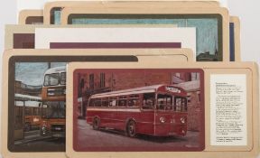 A collection of eight crayon on Ingres paper illustrations of buses by Colin Brown:,