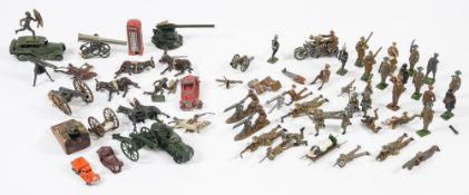 A collection of Britains, John Hill & Co and other hollow cast army figures and artillery:,