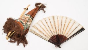 An Edwardian cream and brown silk parasol together with an ebony and lace fan :, (2).