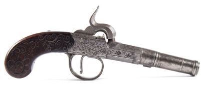 A late 18th century cannon barrel percussion cap pocket pistol by Bunney, London:,