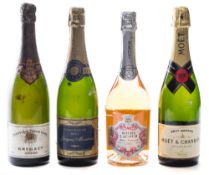 A bottle of Moet & Chandon,NV, a bottle of Krug Prvte Curvee 1964:, a bottle of Roche lacon 2011,