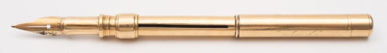 A yellow metal combination sliding pen and propelling pencil by S Mordan & Co, London:,