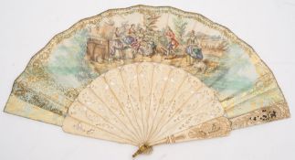 A 19th Century Continental paper and ivory fan:,
