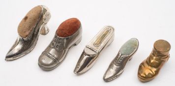 Five late 19th /early 20th century vesta cases in the form of boots and shoes:.