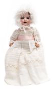 A Heubach Koppelsdorf bisque head doll:, applied wig, blue glass eyes ,
