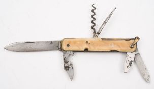A French pocket knife by C H Desmet:, with multiple blade, awl and corkscrew.