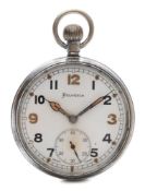 A War Office issue open face pocket watch by Helvetia:, signed to enamel dial,