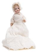 A Gebruder Heubach bisque head doll:, blonde wig,
