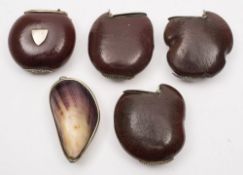 A shell vesta case, together with four Australian Burra Bean nut vesta cases:,