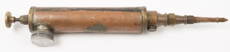 A WWII copper and brass Spitfire syringe type grease gun:, 30cm long.
