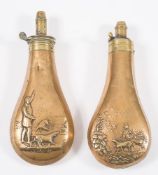 Two copper and brass shot flasks:, of typical form decorated with hunting scenes.