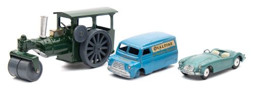 A Tri-ang Minic steam roller:, green body with grey plastic wheels,