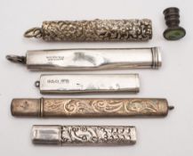 Four silver pencil holders together with a plated pencil holder and a seal top:.