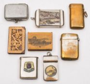 Eight various late 19th/early 20th century vesta cases:, including brass and Mauchlin examples:,