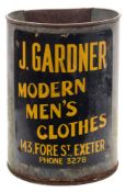 An early 20th century enamel advertising waste paper bin for 'J Gardner Modern Men's Clothes 143,