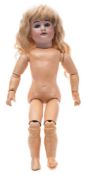 An Armand Marsielle bisque head doll:, with applied blonde wig, blue glass sleeping eyes,