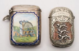 An early 20th century silver plated vesta with enamel decoration of Th Laxey Wheel, Isle Of Man:,