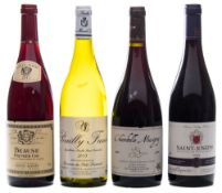 A bottle of Pouilly Fume 2013:, a bottle of Beaune 1er Cru 2011, a bottle of St Joseph 2009,
