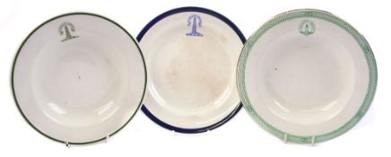 Two Northern Lighthouse Board Ironstone soup bowls and a side plate by Dunn, Bennett & Co, Burslem:,