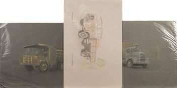 A collection of three crayon on Ingres paper illustrations of commercial vehicles by Colin Brown:,