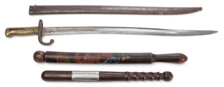 A 19th century painted truncheon together with later presentation truncheon and a chassepot