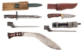 Two British No.4 bayonets:, together with, one other bayonet, a hunting knife and a kukri.