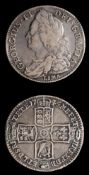 A George II (1727-1760) a silver half crown, 1745: old bust lima below, pin damage to the reverse.