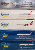 Gemini Jets, five 1/400 scale diecast airliners: includes Airbus A320, Boeing 767-300ER,