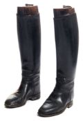 A pair of lady's handmade black leather riding boots (size 4) by D Davies with wooden boot trees:.