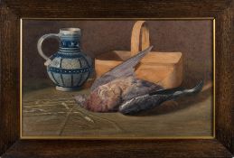 J Harris? (British 19th/20th century) still life of a wood pigeon beside a basket and stoneware jug,