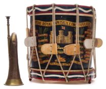 A WWII period 1st Battalion The Royal Inniskilling Fusilers Regimental painted drum by A F Mathews