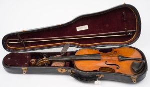 A 19th century violin and bow: having a two piece back of medium flame and curl,