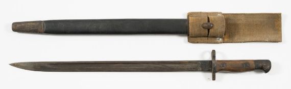 A British 1907 pattern Lee Enfield bayonet in scabbard with canvas frog:,