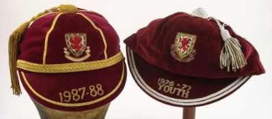 A Welsh International Football cap 1987-88 together with a Welsh Youth International Rugby cap