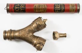 A brass fire hose 'Y' section divider with blanking cap:,