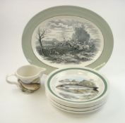 A Portmerion jug and six dinner plates of 'The Complete Angler British Fishes' pattern:,
