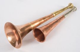 A copper hunting horn with nickel mouthpiece by George Parker and Sons,