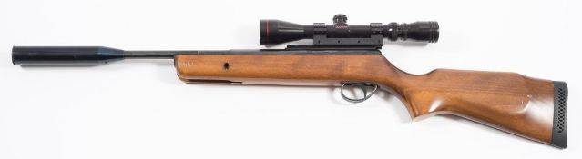 A BSA .22 calibre air rifle with suppressor and Simmons telescopic scope, 95cm long:.