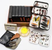 Nine Wheatly aluminium fly tins and contents:,