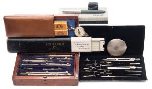 A Parker 51 fountain pen together with a collection of slide rules and cased part geometry sets